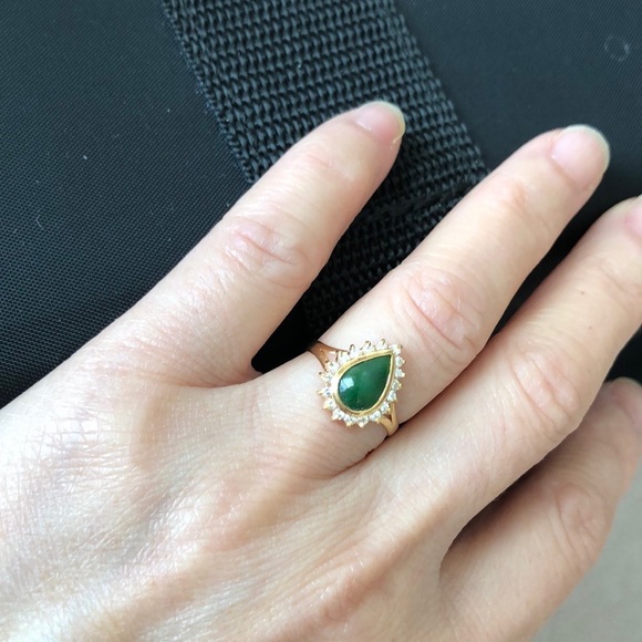 14K Solid Gold Small Teardrop CZ Jade Ring - Picture 2 of 3